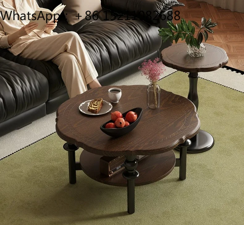 SCY medieval style coffee table living room household retro round coffee table solid wood balcony tea table small apartment