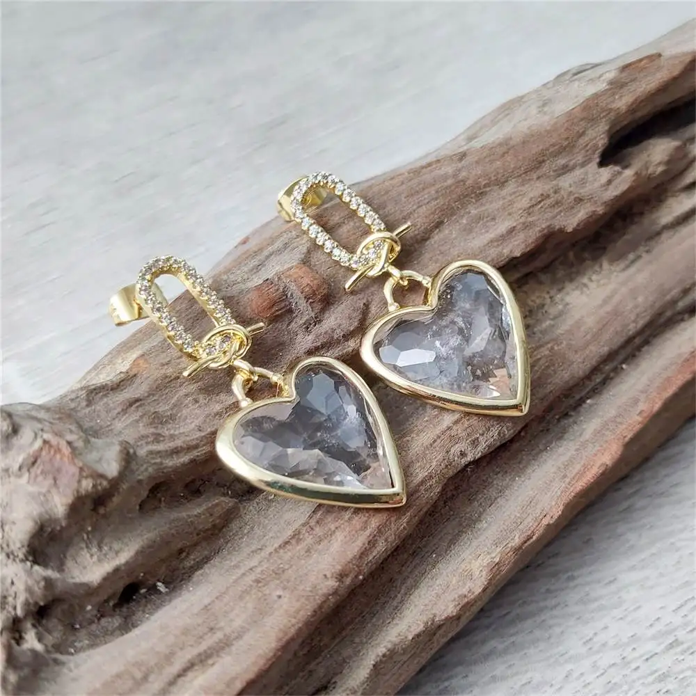 FUWO Wholesale Cubic Zircon Clear Quartz Earrings,Golden Plated Heart-Shaped Crystal Faceted Jewelry ER475CZ-1 5Pairs/Lot