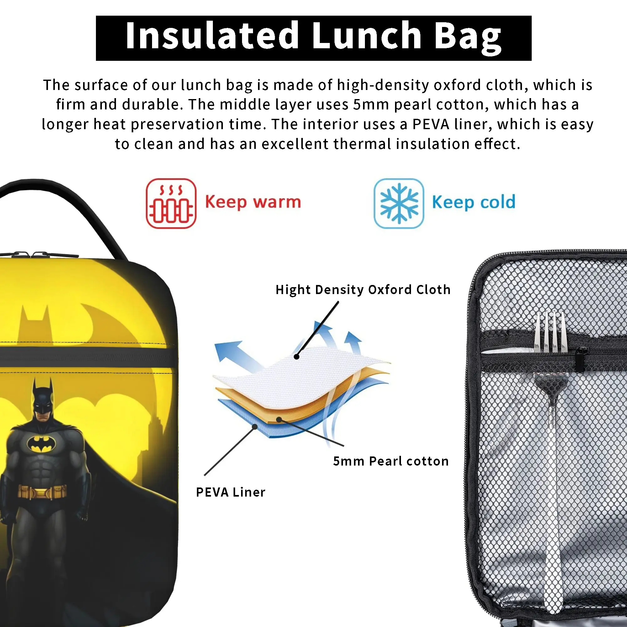Batmans Insulated Lunch Bag Large Black Bat Silhouette Meal Container Thermal Bag Tote Lunch Box College  Outdoor Food Handbags view 4