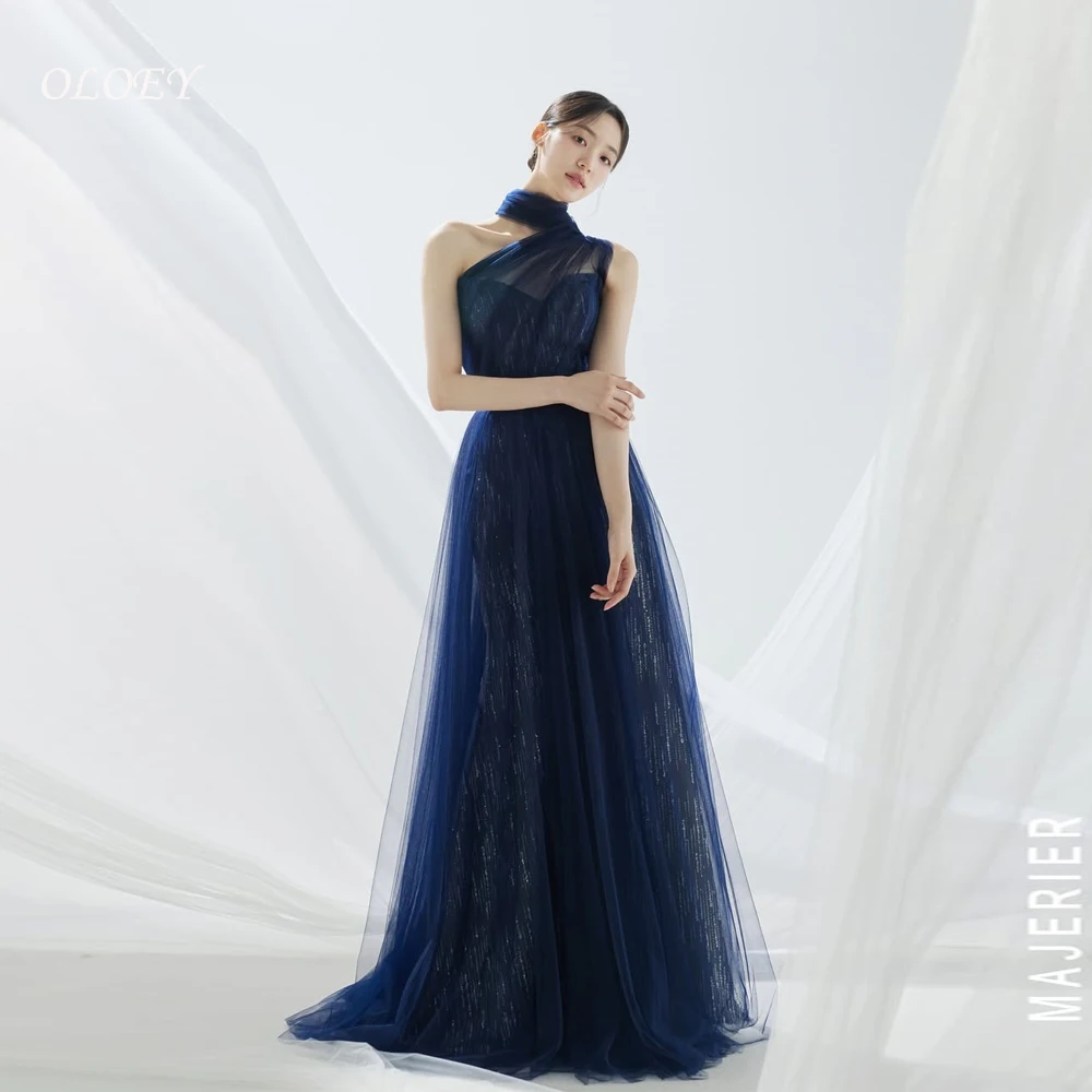 

OLOEY Shiny Dark Blue Korea Prom Dresses Women Formal Event Special Evening Party Dress Customized 웨딩드레스