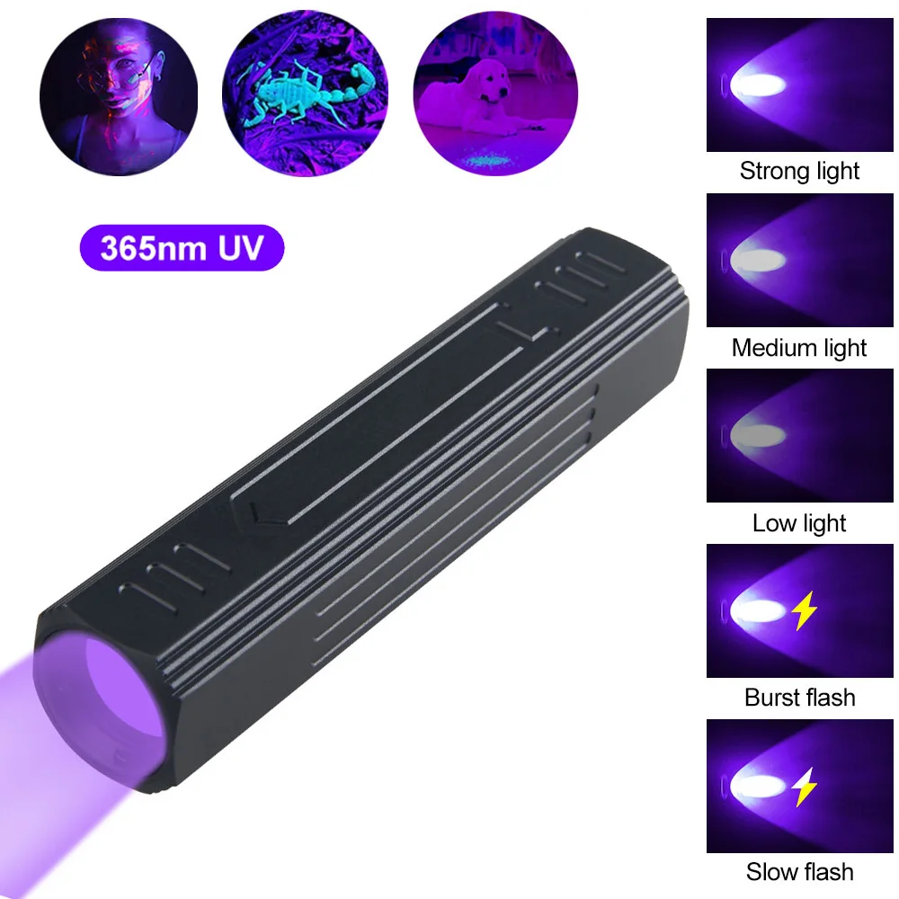 

Mini 365nm UV LED Flashlight USB Rechargable Zoomable Black Light 5Modes Ultraviolet UV Torch Portable Pet Urine Stains Scorpion