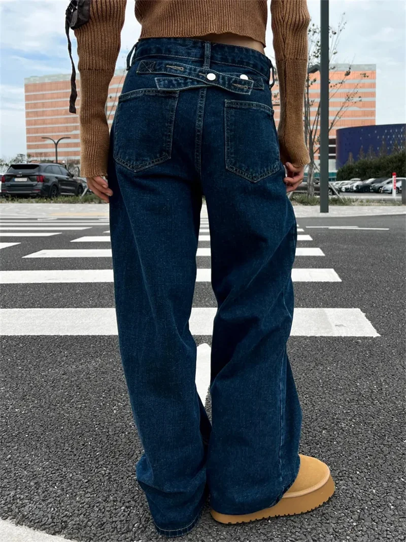 Retro High Waist Straight Leg Jeans Women's Denim Pants with Buckle Design Washed Effect Floor-Length Fashionable Trousers