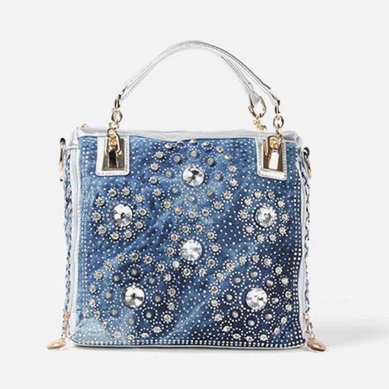 

iPinee denim jean casual women handbags designer weaving shoulder bags rhinestone decorative womens messenger bag totes