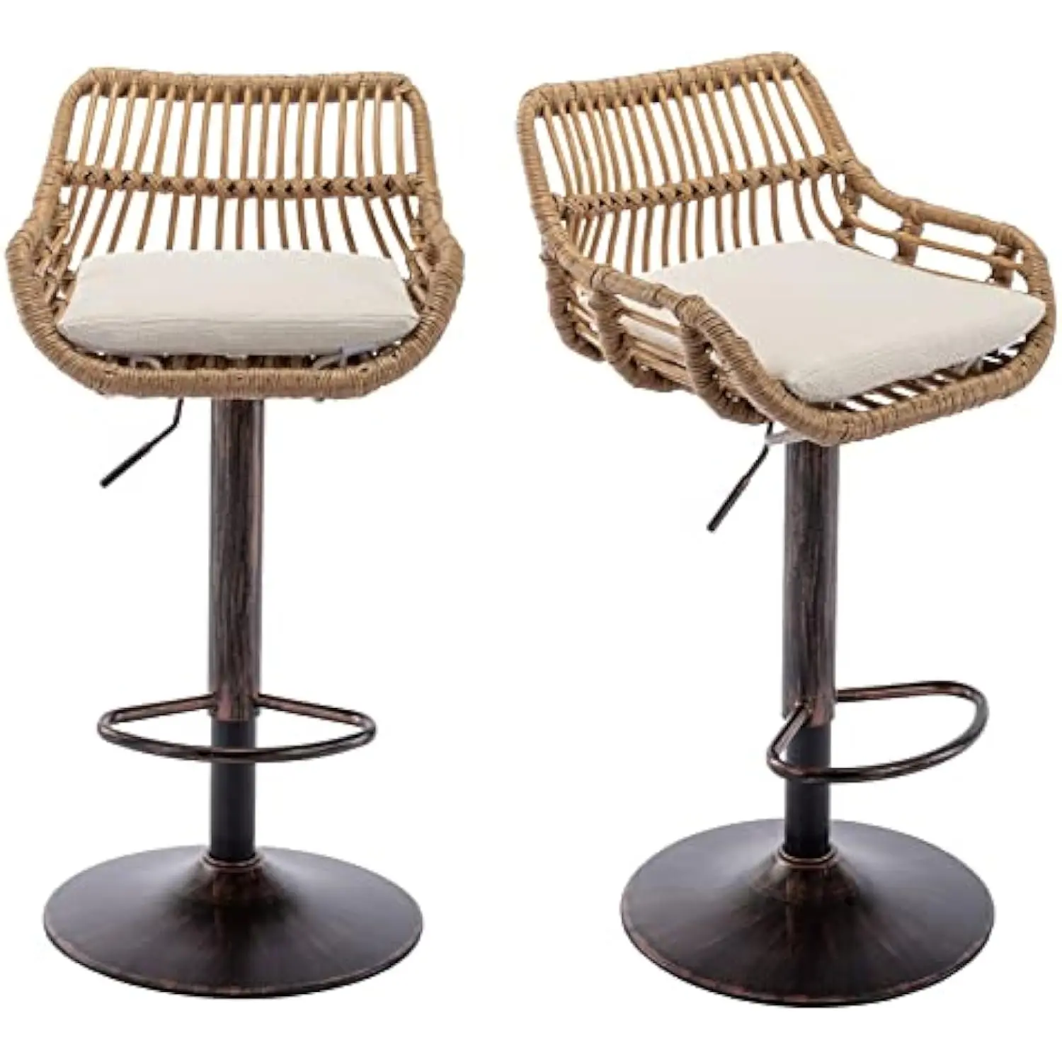 

Rattan Bar Stools, Adjustable Barstools with Linen Cushion, 360° Swivel Bar Stool with Low Back & Footrest, Classical Barstool