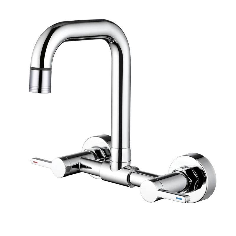 

Brass Wall Mounted Kitchen Sink Tap 2 Mode Nozzle Doul Handle Hot And Cold Mixer Taps 360° Rotation Kitchen Faucet Chrome