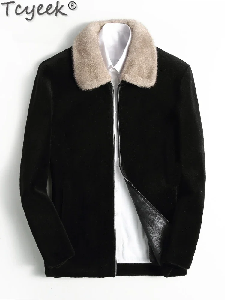 Tcyeek 100% casaco de lã dos homens roupas de inverno negócios casual ovelha shearling jaquetas homem real gola de pele de vison chaquetas hombre 2024