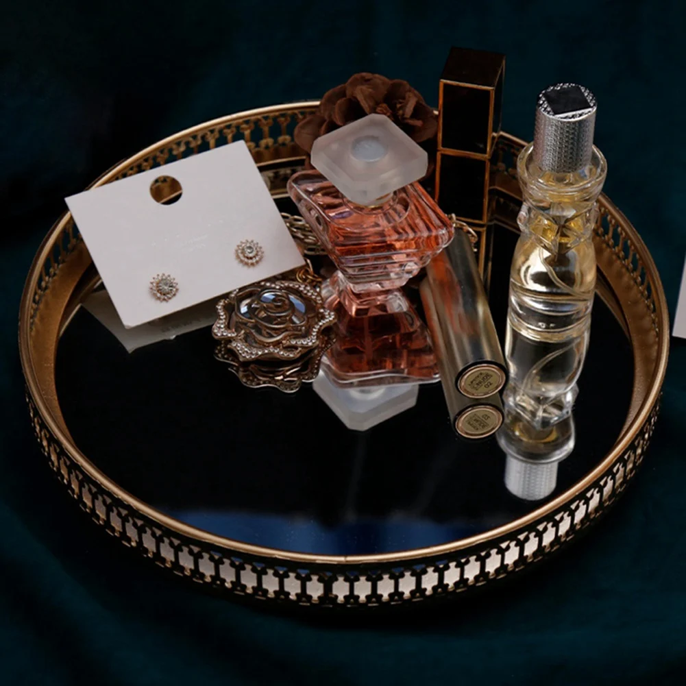 

ABWR-2X золотой железный лоток для хранения ювелирных изделий, стеклянное зеркало, менеджер для макияжа, настольный косметический десертный декоративный лоток для дисплея 25 см