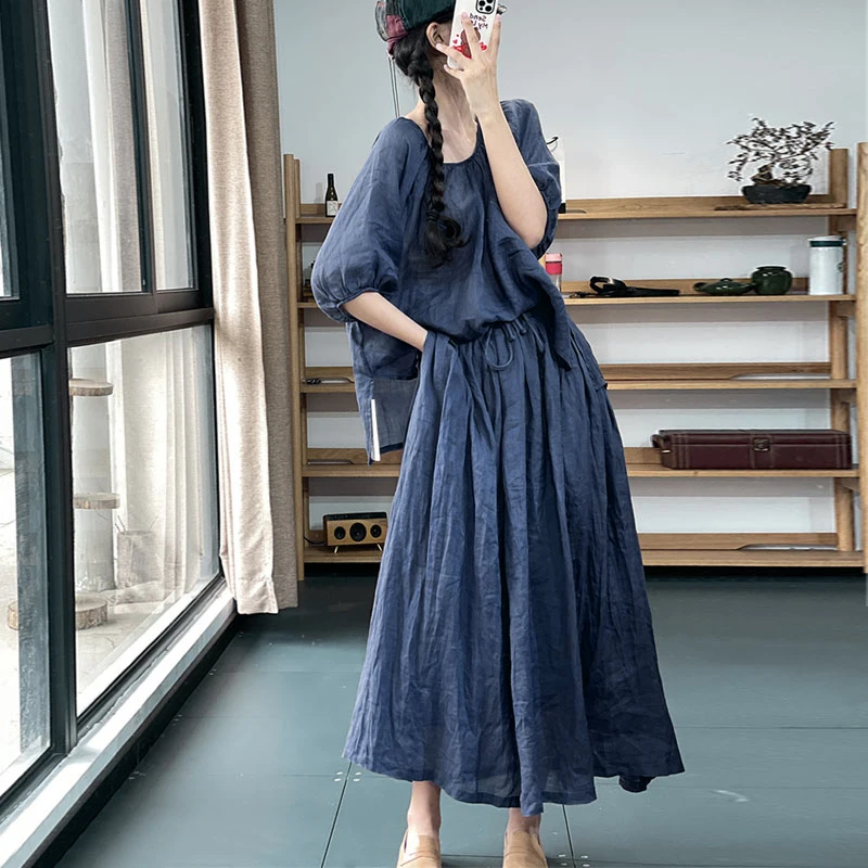 Faionable algodón Lino ter Ne Dr nuevo conjunto de dos piezas Sle para mujer talla pequeña verano irt Ele traje de moda