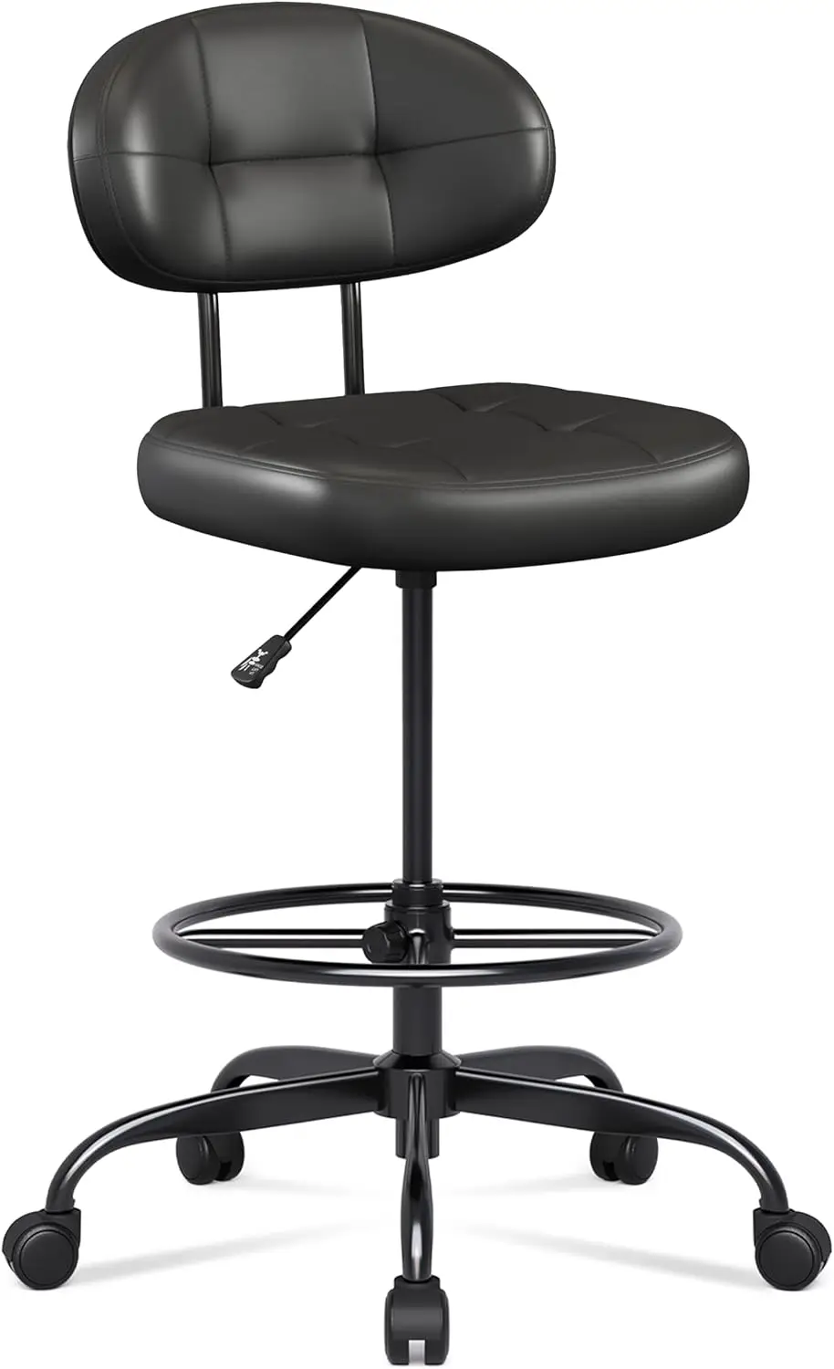 Drafting Chair Without Arms Tall Office Desk Chair Footrest Ring Small Faux Leather Executive Chair Adjustable Height Rolling Task Stool Black