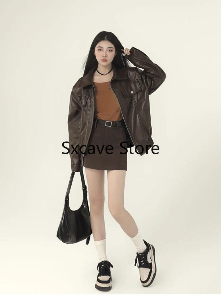 2023 Autumn Leather Coat Loose High Street Aviator Leather Jacket WomanPunk Fashion Brown Leather Jacket Women Streetwear Zipper