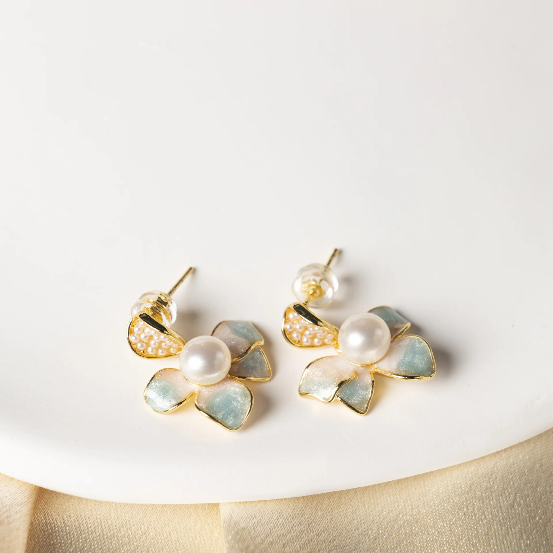 

New Fashion Blue Sea Salt Quicksand Design Natural Freshwater Pearl 14k Gold Filled Female Stud Earrings Jewelry For Women Gift