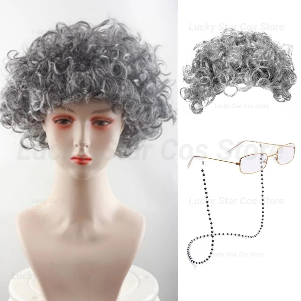 

Synthetic Old Lady Wig Costume Set,3pcs/set (wig, glasses, glasses chain),Cosplay Halloween Party Festival Costume Accessory