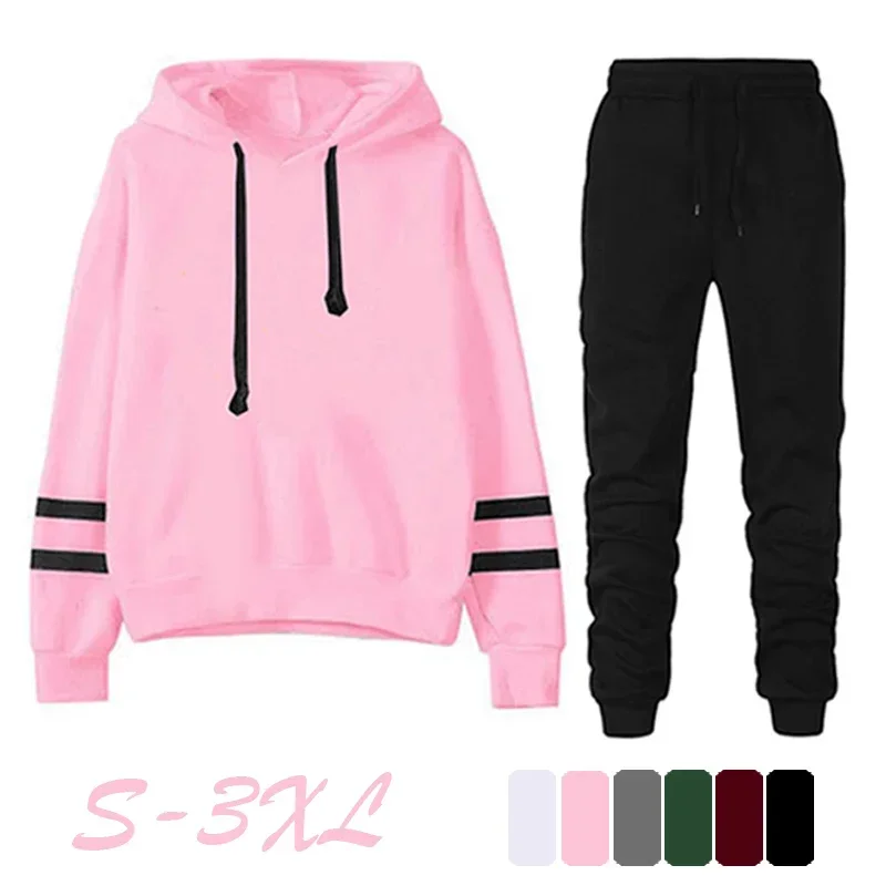 Womens Outfits Casual Hooded Stripe Sweatshirt Black Sweatpants Loose Comfortable Daily Jogging High Quality Tracksuit S-3XL