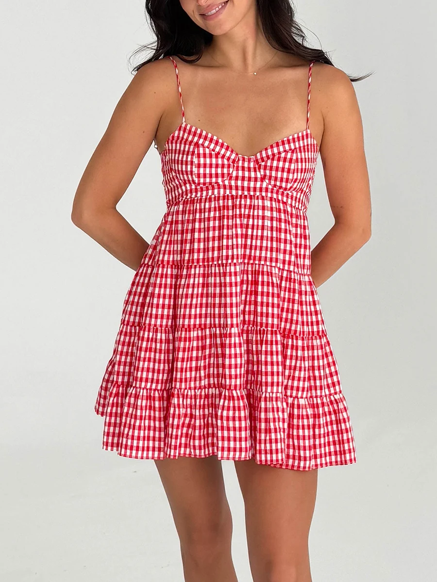 Robe camisole à bretelles spaghetti pour femmes, robes courtes à carreaux, ourlet à plusieurs niveaux, laçage au dos, col en cœur, décontracté, vacances à la plage, été