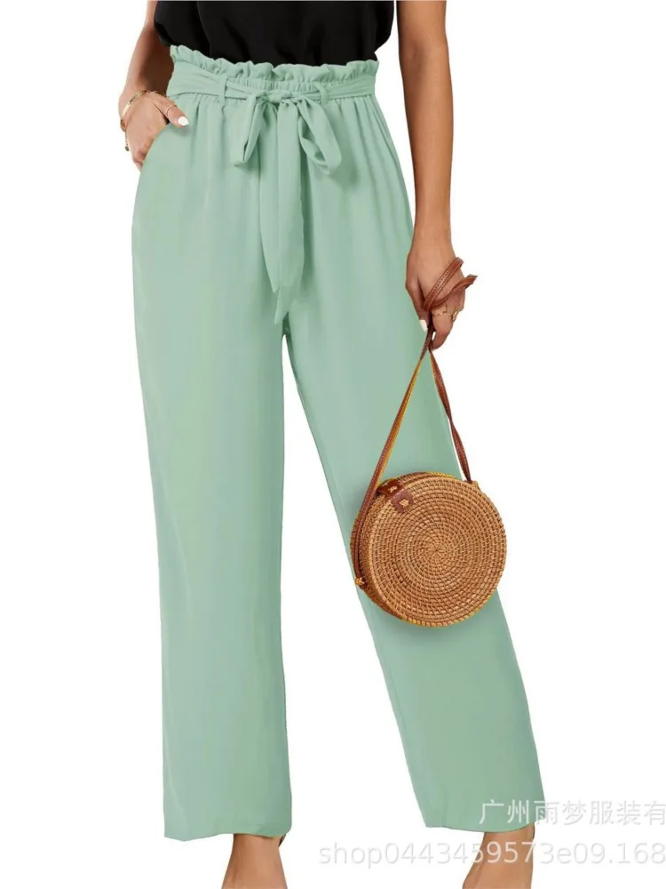 High-waisted Solid Color Straight Pants For Women Casual Lace-up Trousers Commuter Vacation Beach Streetwear Pants Spring Summer