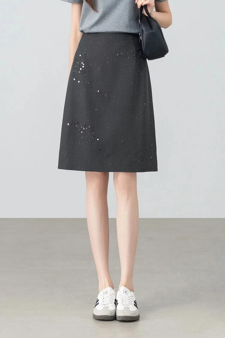 SENTUBILA Damen Schwarzer Gerader Rock 2026 Sommer Eleganter Modischer Perlenstickerei Silber Schimmernder Büro-Rock 162QF6640 – Detail 13