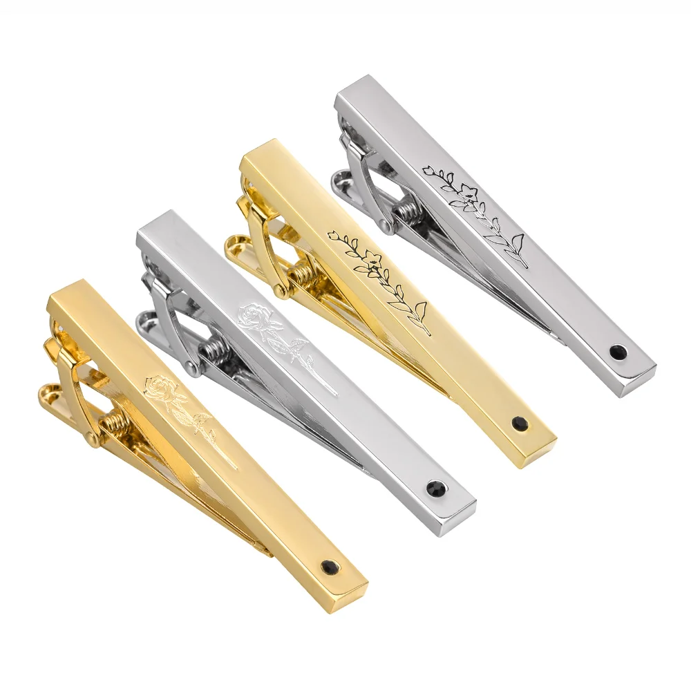 Engraved Rose Pattern Men's Exquisite Metal Tie Clip Business Formal Wear and Accessories Banquet and Wedding Lavalier