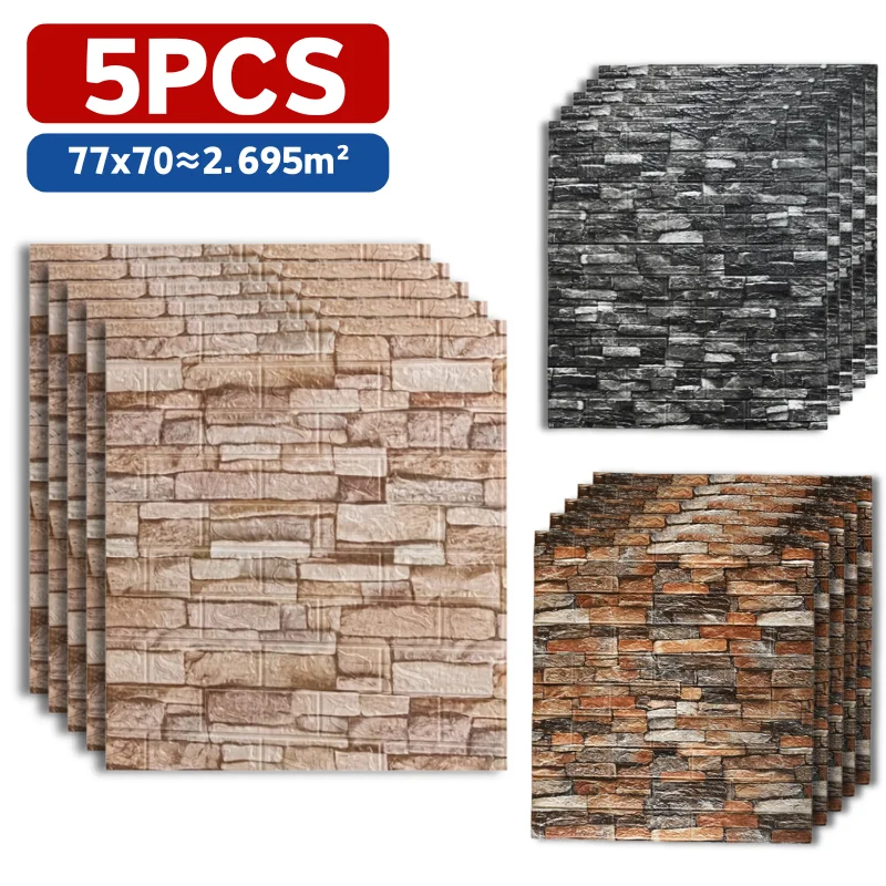 Soft Foam 3D Brick Wallpaper 5Pcs 77cmx70cm Self Adhesive Waterproof Wall Sticker Stain Resistant Bedroom Apartment Wall Decor