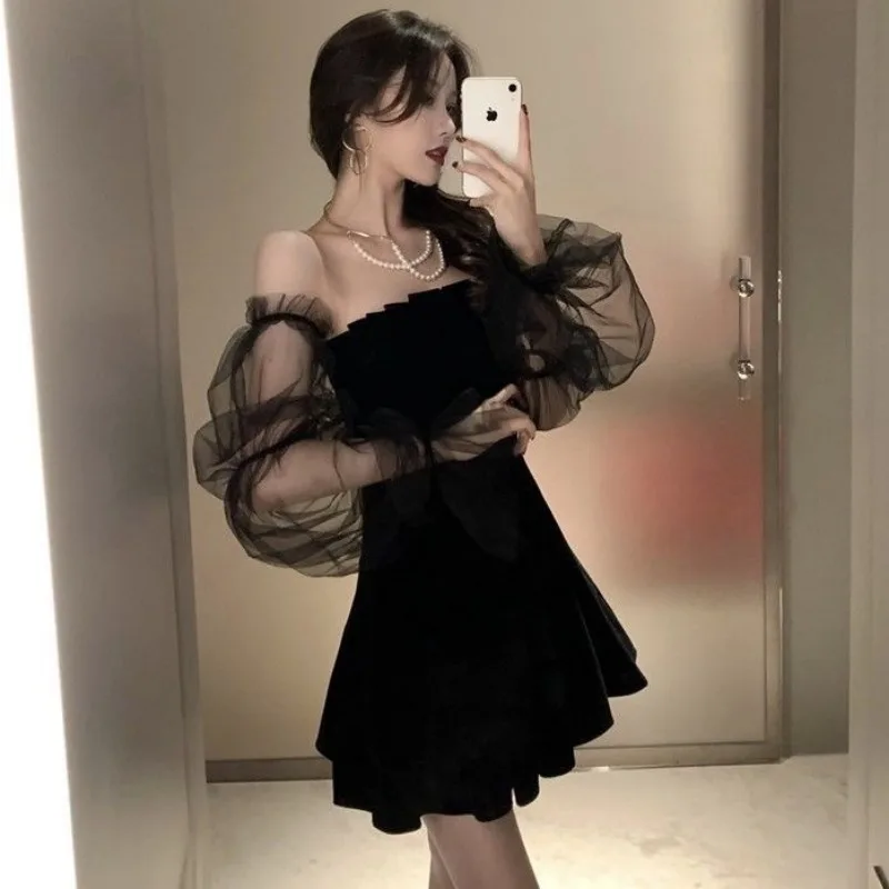 Mini robe à manches bouffantes en maille sans bretelles pour femmes, robe de soirée sexy, robe d'été éducative, coupe basse, monochromatique, velours noir, Off initié, chic, été