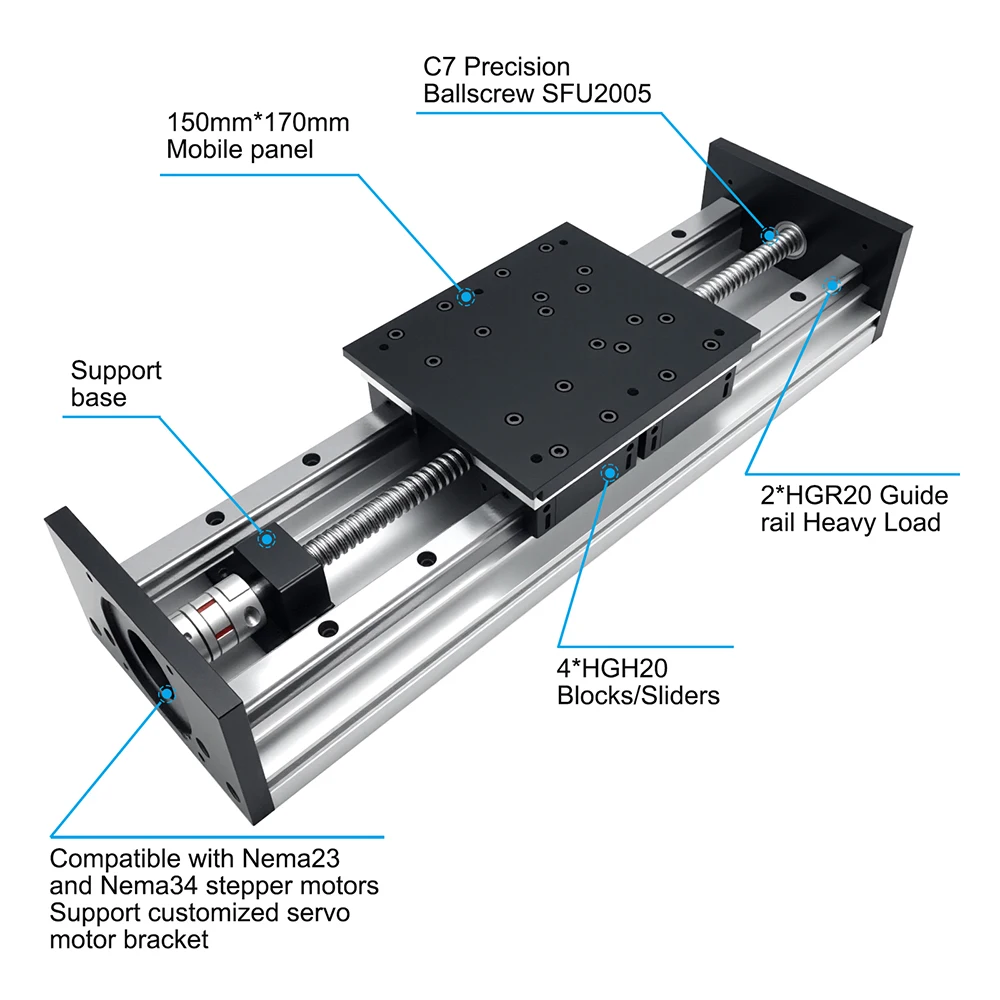 150mm Wide Heavy Duty Linear Ballscrew Sliding Table Linear Stage SFU1605/2005 HGR20 Double Guide Rail 4PCS HGR20 Z Axis For CNC