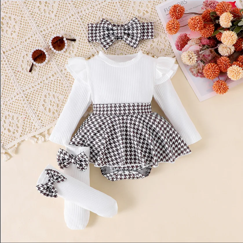 Baby 3Pcs Outfit Chic Long Sleeve Striped Ruffle Hem Romper Houndstooth Patchwork Bodysuit For Autumn Infant Daily Casual Outfit