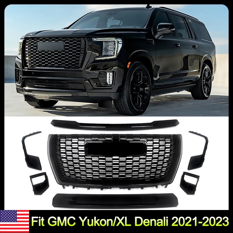 new 7 PCS Gloss Black Front Grille Assembly Fit，2021-2024 GMC Yukon Denali Front Bumper Grille Trim Molding Fog Light Grills Set