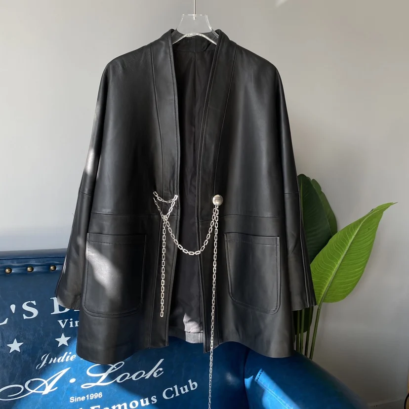 

Ladies Genuine eepskin Leather Jaet Autumn Winter New Sle Fringed Loose Version V-Ne Western Suit Medium Long Oversiz...