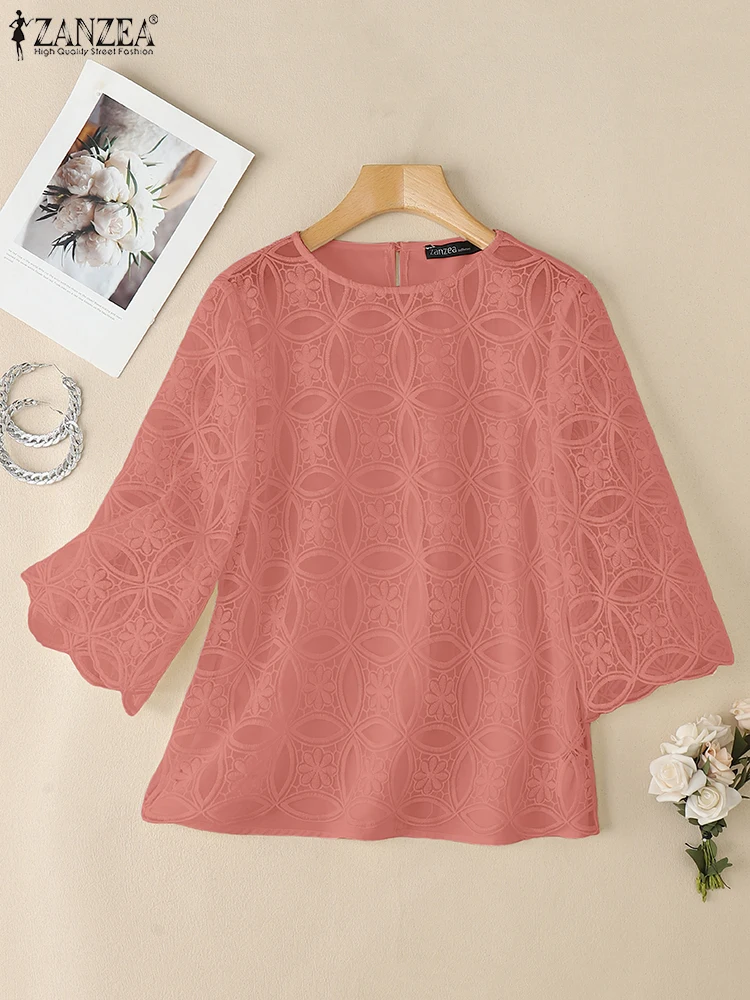

ZANZEA Women See-through Summer Blouse 2025 Elegant OL Tops 3/4 Sleeve Lace Patchwork Tee Hollow Out Blusas Streetwear Tunic