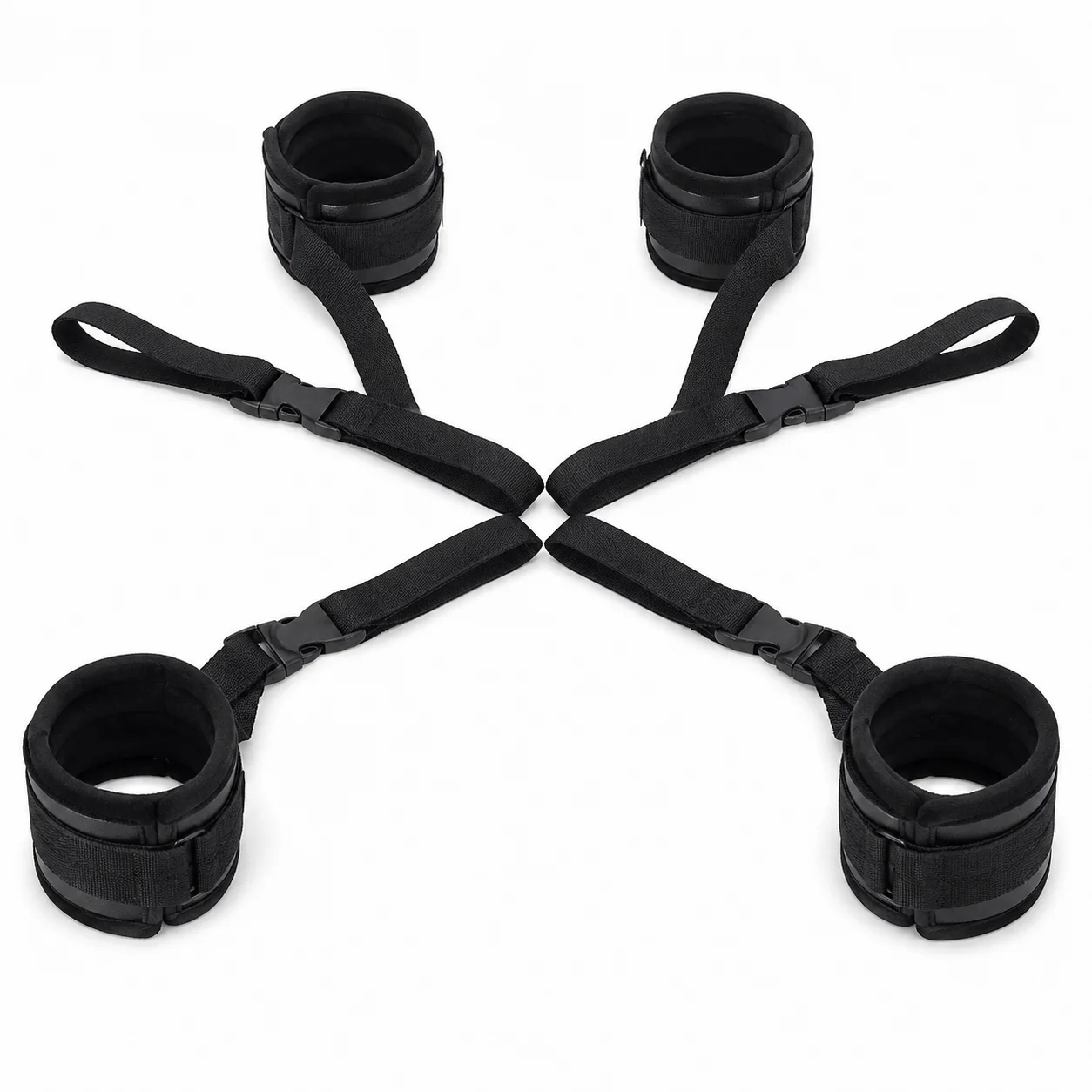4-Piece Padded Restraint Cuff Set, Adjustable Wrist and Ankle Cuffs with Quick-Release Buckles, Soft Lined Black Nylon Straps for Adults