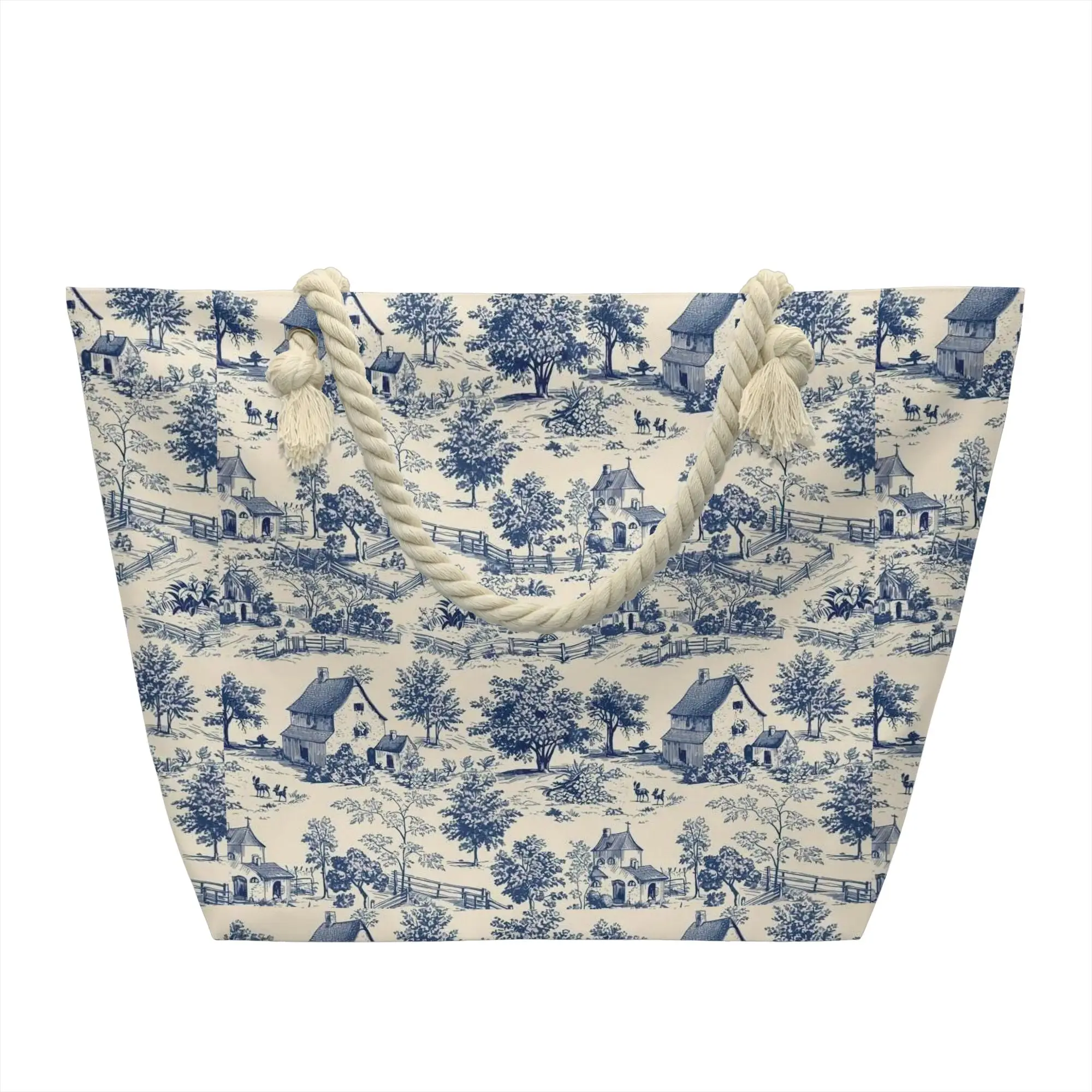 Kawaii Printed Toile De Jouy  Shopping Tote Bag Portable Canvas Shoulder Shopper Farmhouses Countryside Handbag