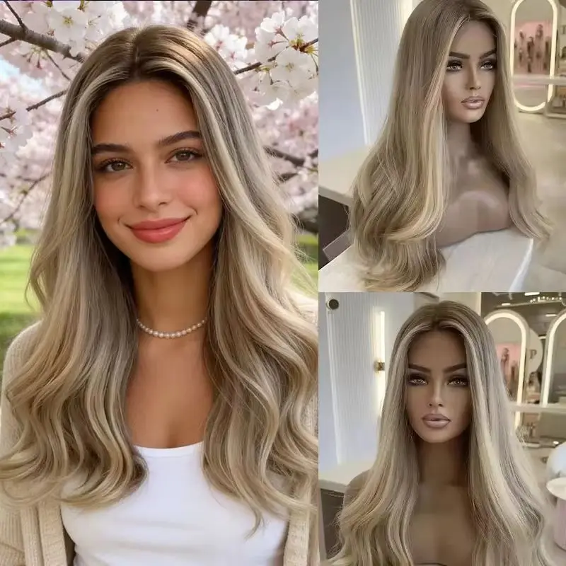 

Синтетические и комбинированные кружевные парики: светло-золотистый омбре парик с кружевной передней частью для женщин, натуральный волнистый парик без клея для косплея и вечеринок.