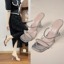 Women Slippers 2024 New Summer New Fashion Sexy Slippers Women Transparent Open Toed Rhinestone High Heel Party Shoes for Women