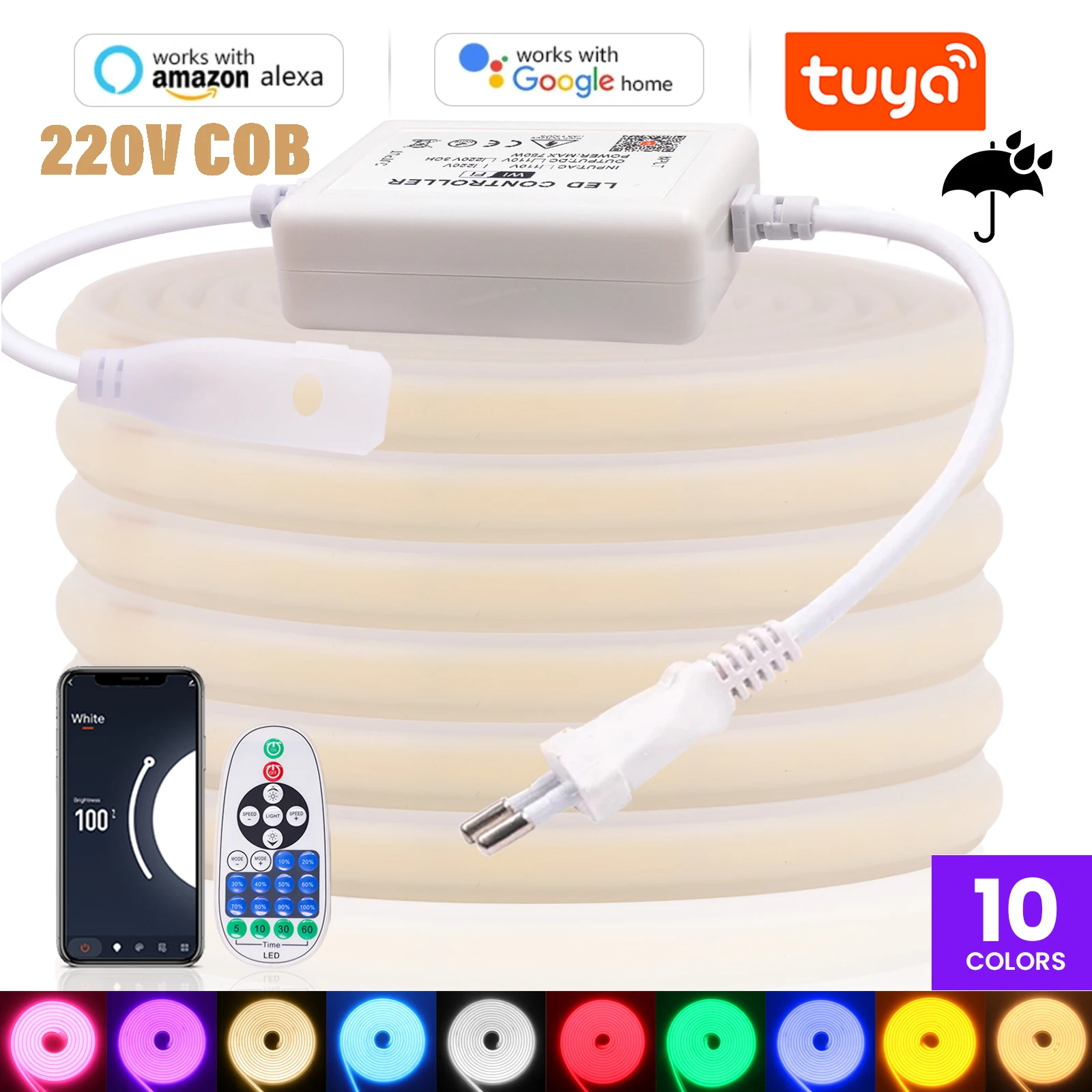 

Tuya APP WiFi Control COB LED Neon Strip Light 220V 288 LEDs/M RA90 Waterproof Flexible Tape for Bedroom Kitchen Garden Lighting