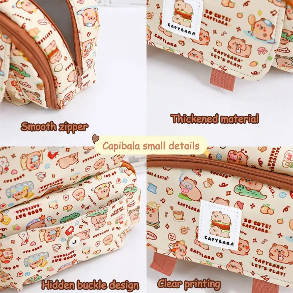 Cartoon Print Capybara Pencil Case Large Capacity Flip Over Stationery Storage Pouch Four-layer for Office School Supplies