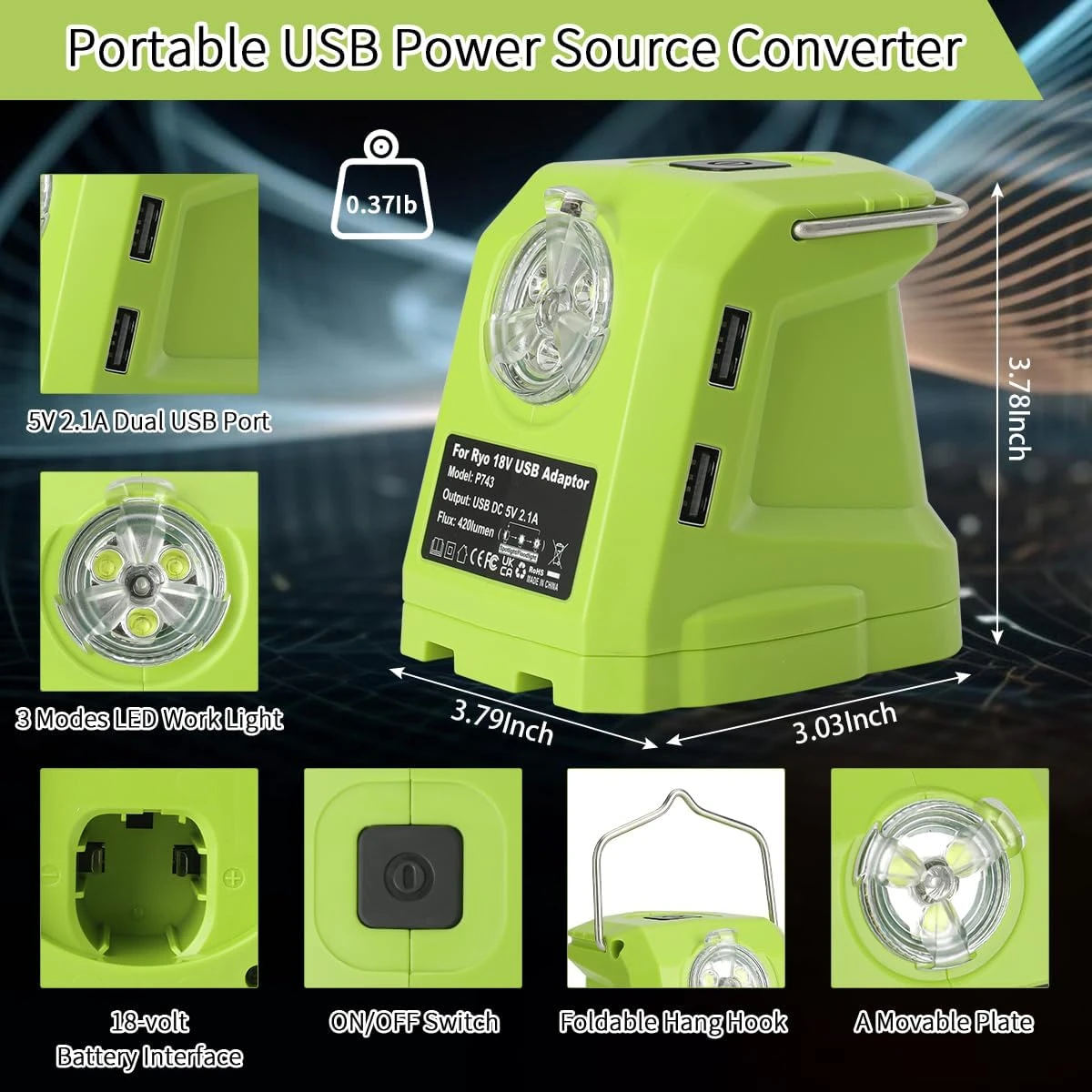 Battery Adapter for Ryobi 18 V Li-ion Battery,Portable Power Source Converter with Dual USB Charge Port with LED Work Light