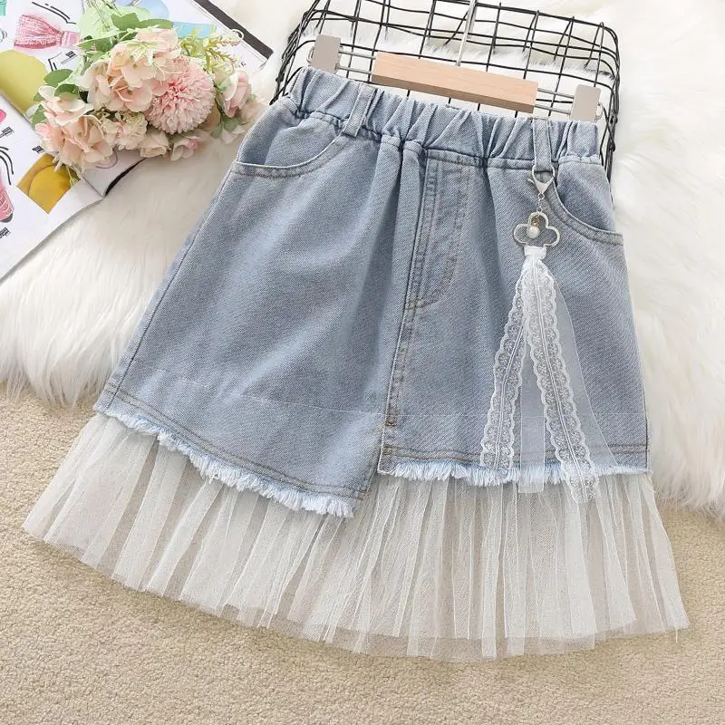 

Girls Denim Skirts Summer Clothing For 3 To 10 Years Children Fashion Dresses Outfits Baby Kids Lace Splicing Costume 2024 New