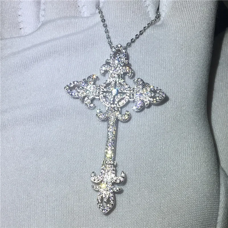 

Charm Flower Cross Pendant AAAAA cz Silver Color Party Wedding Statement Cross Pendant necalace for women Men Jewelry