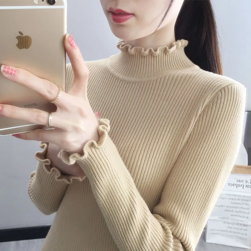 2023 Autumn Winter New Half Turtleneck Sweater Base Sweater Women Style Black Simple Sweater Top Slim Body Tight Long Sleeve