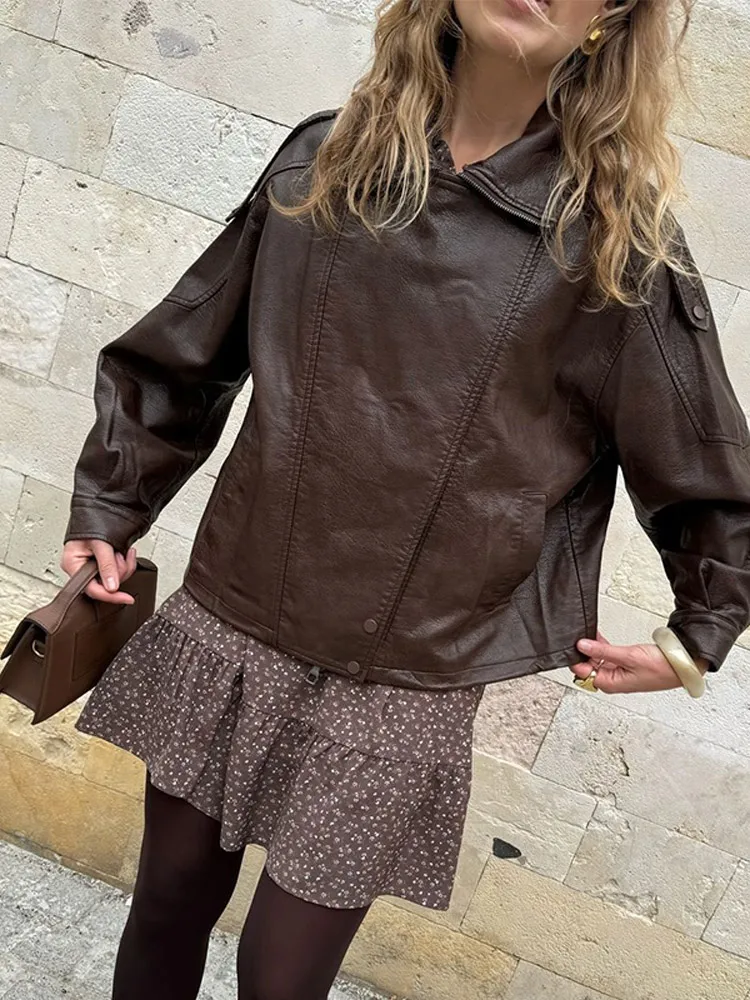 

Женская кожаная куртка на молнии, с длинным рукавом и лацканами