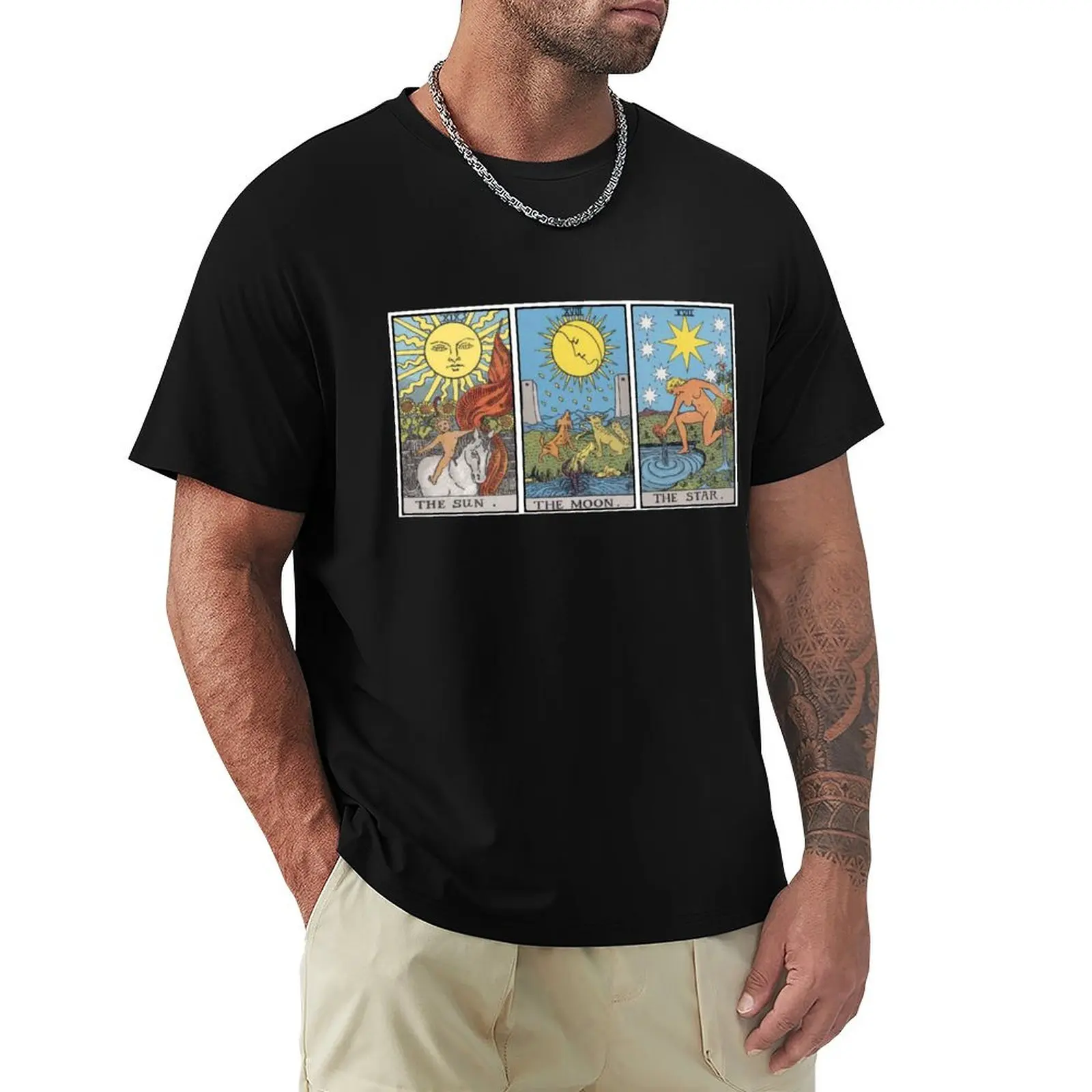 Sun Moon Star Tarot T-Shirt Basic Plain Short Sleeve Crew Neck Tee