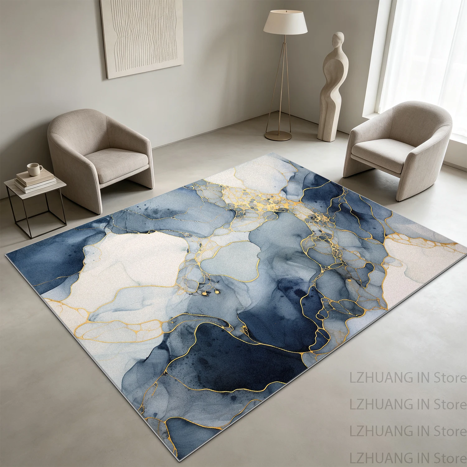 Modern Abstract Style Marble Area Living Room Carpet Antiskid Soft Plush Cloakroom Rug Machine Washable Foldable Mat for Bedroom