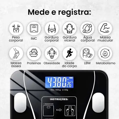 Balança Inteligente Digital Bioimpedância, 8 Medidas, Monitoramento App, Para Peso Gordura Muscular