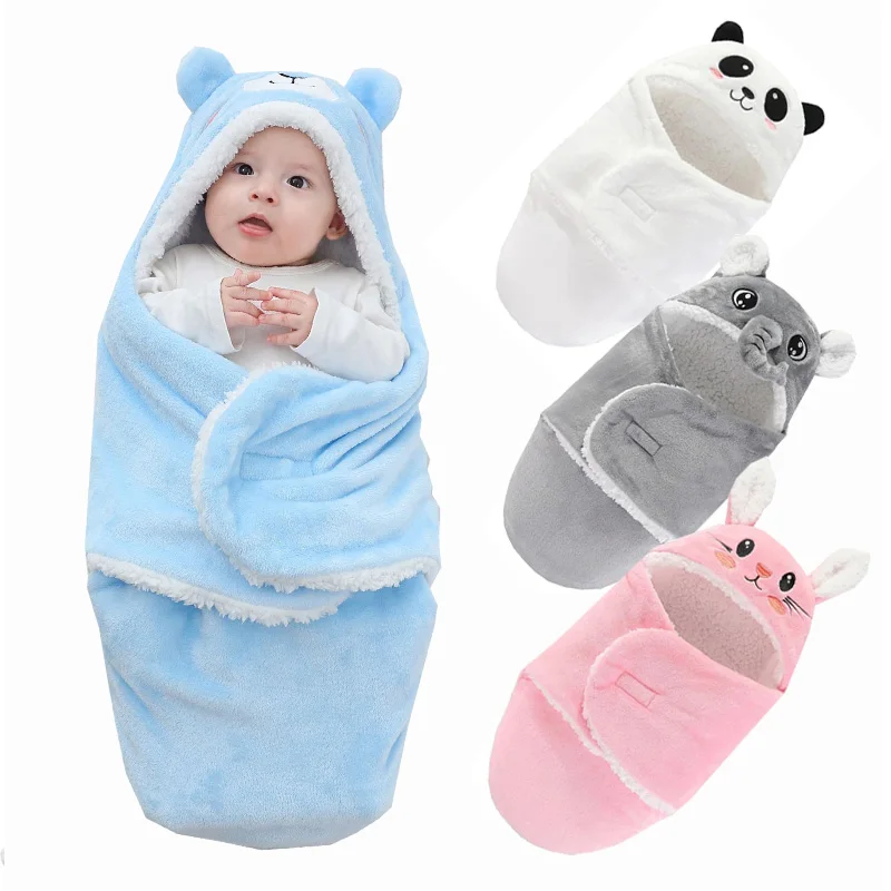 Cute Winter Newborn Blanket Swaddle Wrap Warm Lamb Wool Baby Sleeping Bag Cartoon Hooded New Born Cocoon Baby Blanket Sleepsack