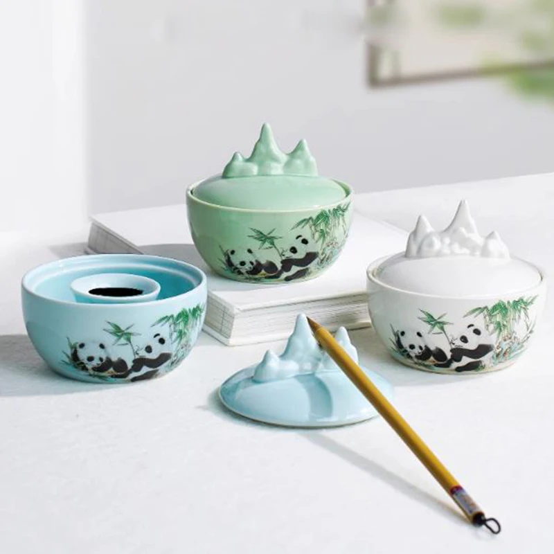 Multifunctional Chinese Traditional Ceramic Inkstone Box with Lid - Calligraphy Ink Pot Seal Paste Container with  Brush Holder