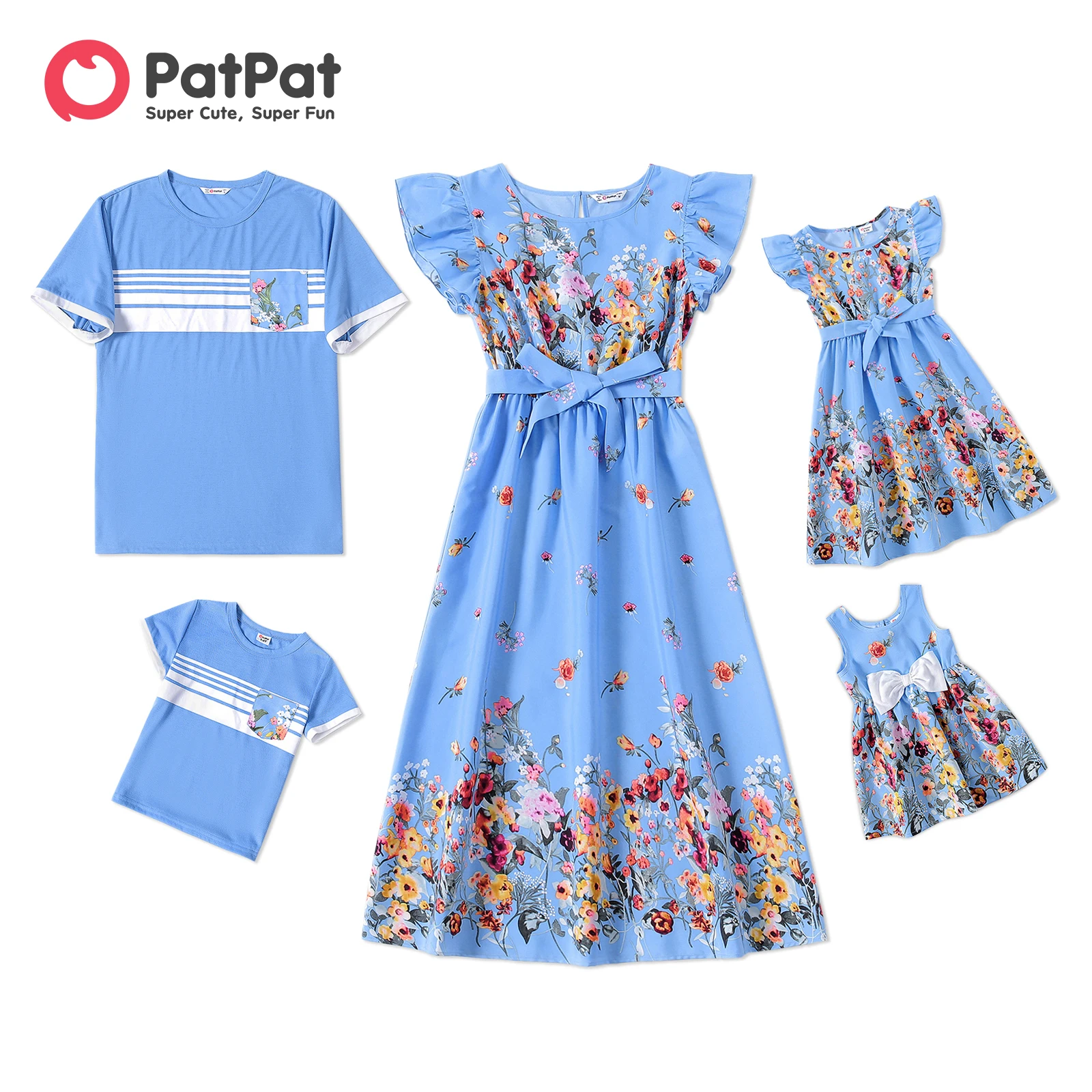 PatPat Family Matching Outfits Floral Print Ruffle-sleeve Belted Midi Dresses and Striped Short-sleeve T-shirts Sets