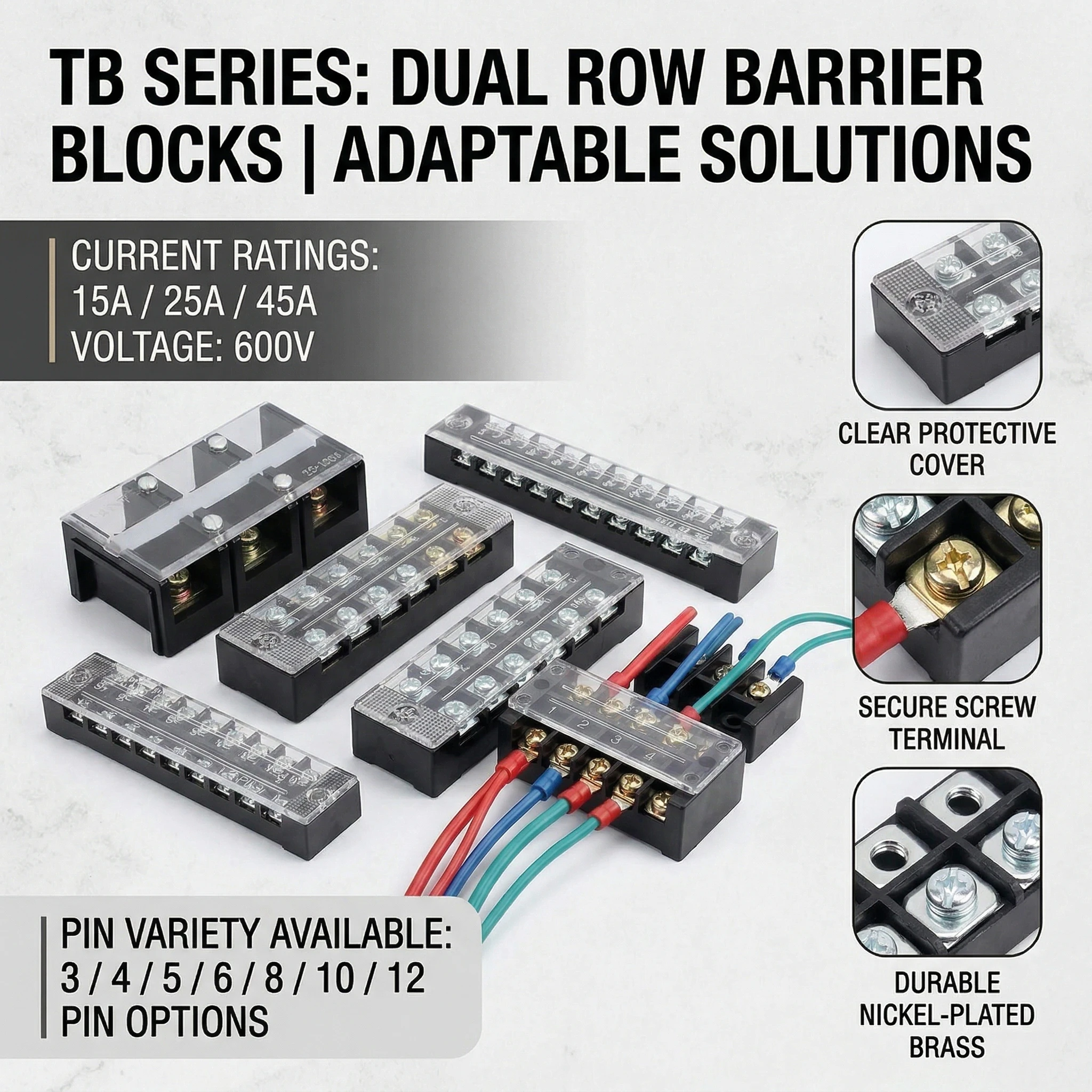 

15A/25A/45A 600V Dual Row Barrier Terminal Block TB Series (3-12 Positions) Screw Connector for Electrical Panels TB1503 TB2512