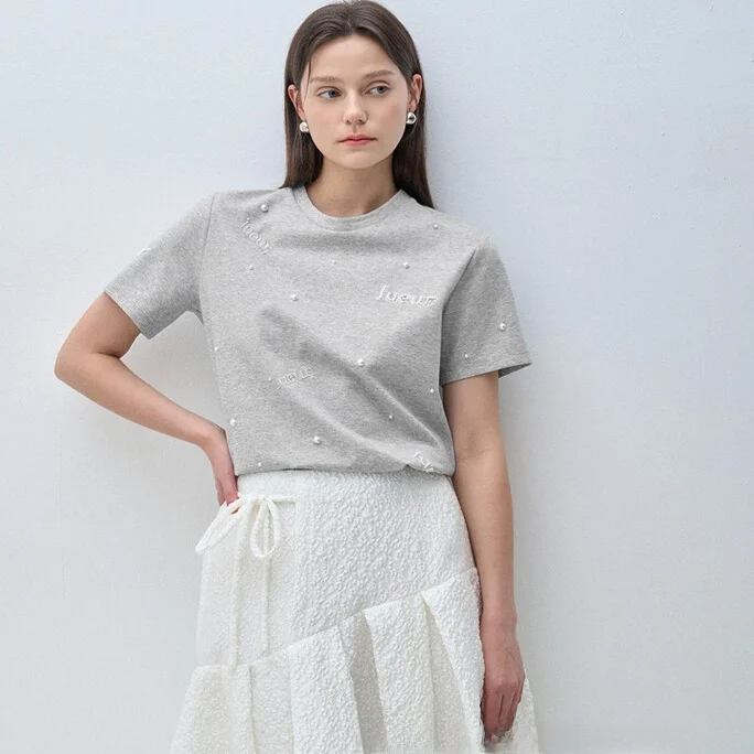 

Heavy Embroidery Pearl T-irt round Ne Lettering Commute Versatile Slim Fit ort Sve Korean Sle Women's Top