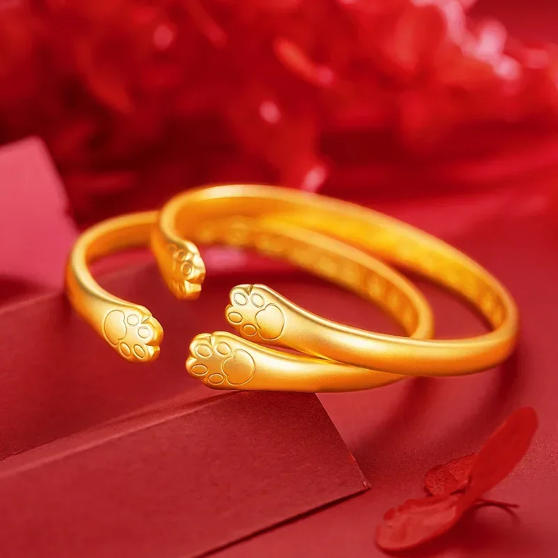 9999 Real Gold 24K Lucky Cat Claw Bracelet, Cute Lucky Nafu Soft Cute Cat Claw Opening Bracelet