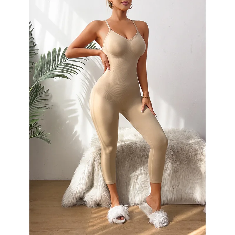 Celana Potong Selempang Besar Pinggang Pembentuk Perut Mulus Elastis Tinggi Tanpa Lengan Warna Polos Tiga Saudara Perempuan Bodysuit Ketat Wanita