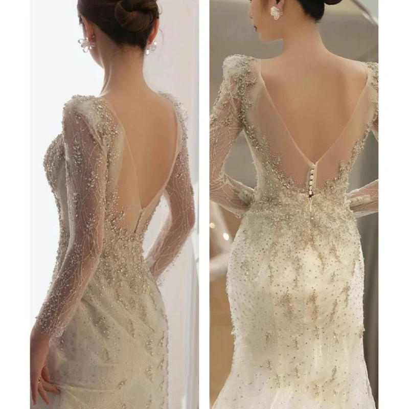 Модное свадебное платье «рыбий хвост» сексуальное с открытой спиной и v-образным вырезом стереоскопический пояс с блестками и бусинами классический полный рукав со шлейфом